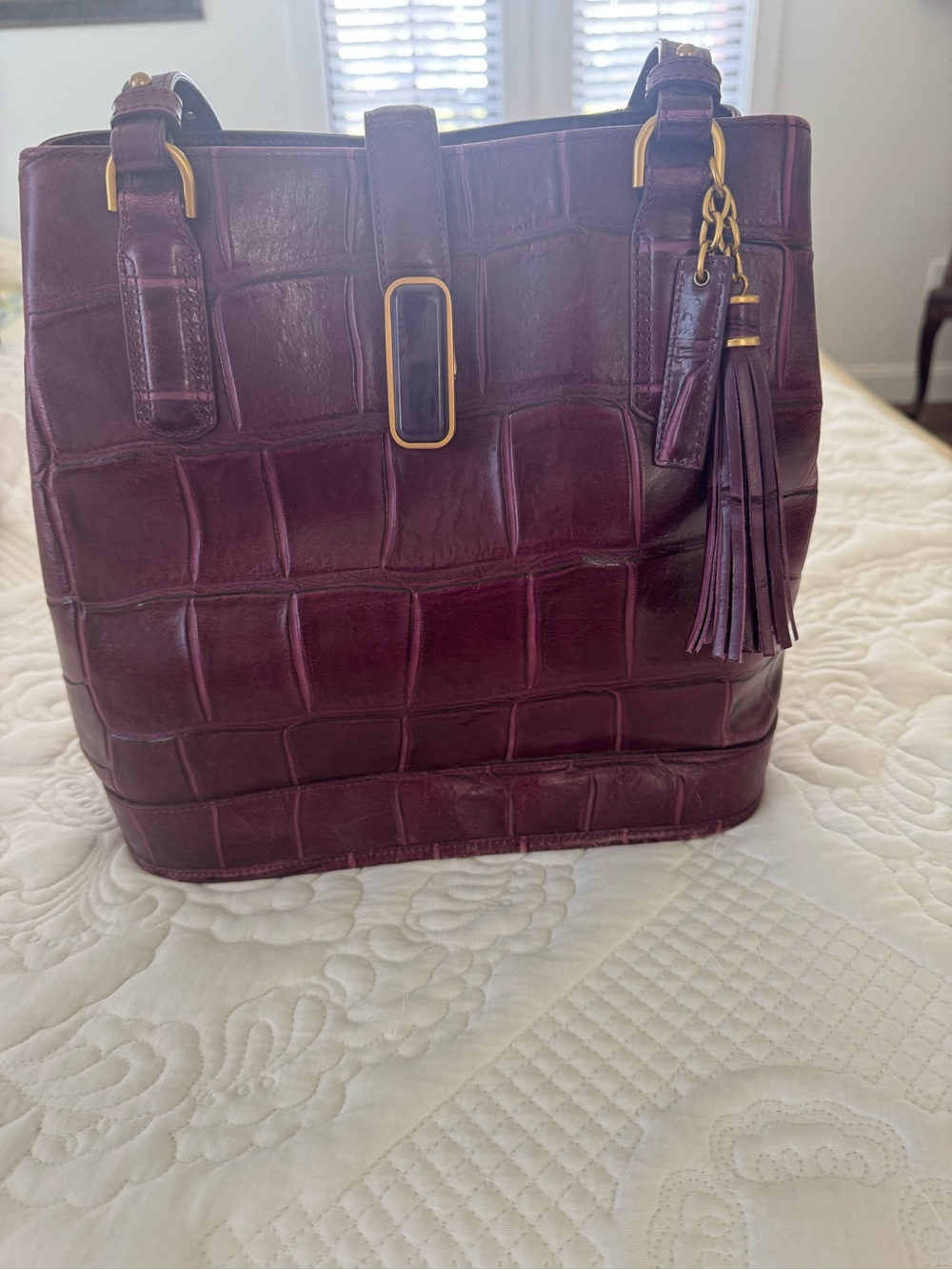 Brahmin Plum Croc-Embossed Tote with Tassel and Gold Hardware